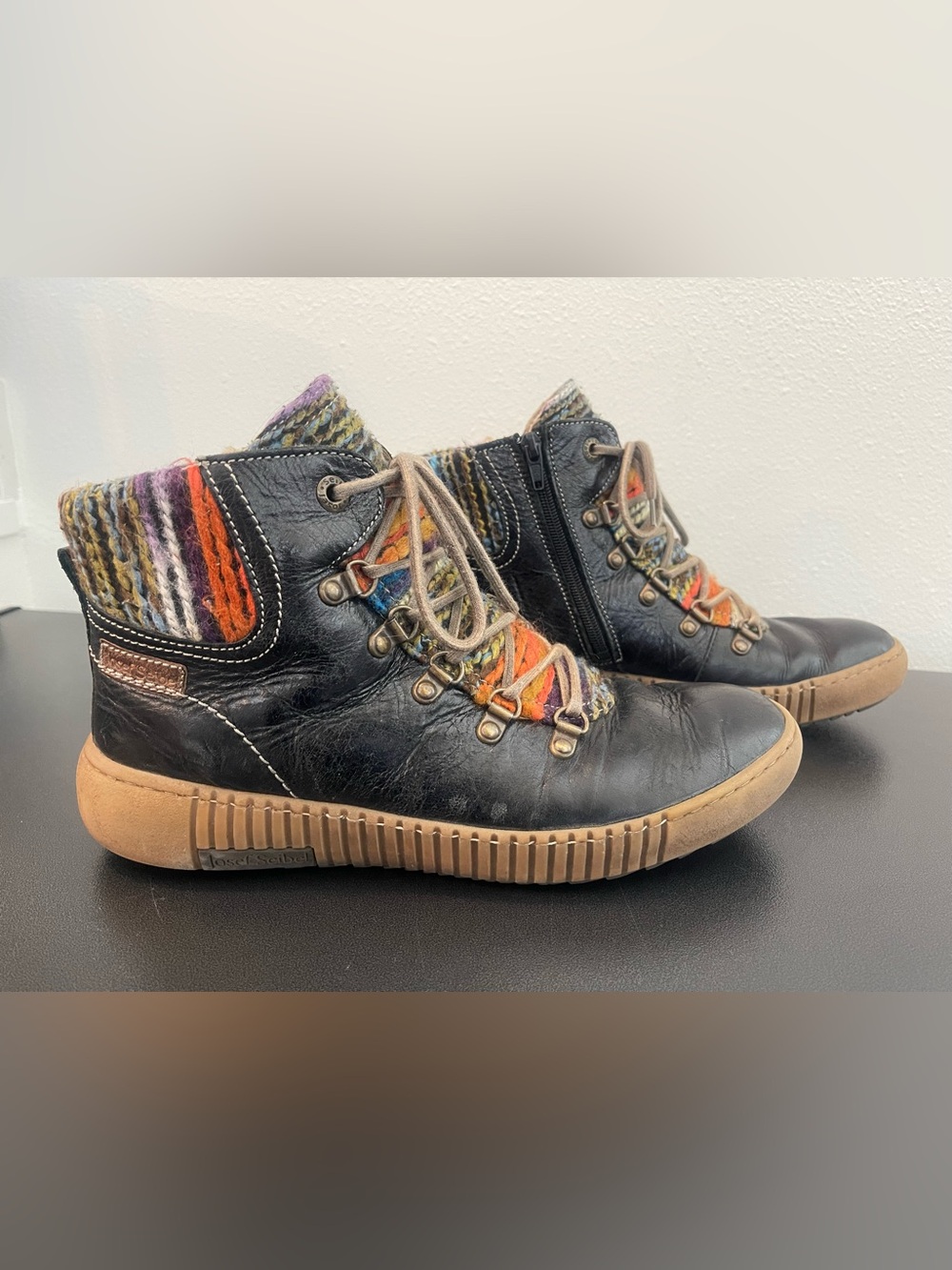 Josef Seibel Black Leather High-Top Sneakers with Multicolor Knit Collar